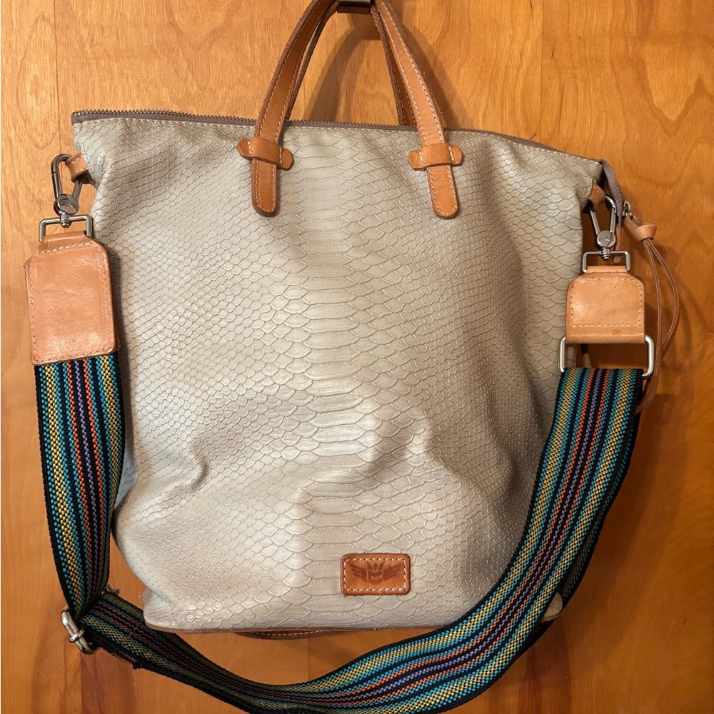 Viva Consuela Cream Colored Sling Bucket Bag with Multicolored Strap